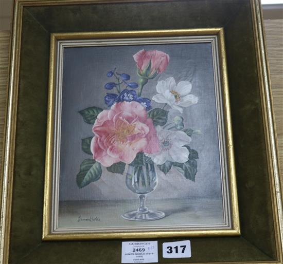 James Noble (1919-1989) Pink, white and blue flowers in a glass 25 x 20cm